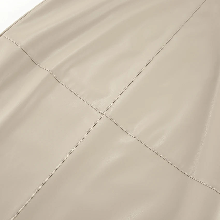 Mnealways18 Elegant Pu Khaki Skirts Womens High Waist Straight Faux Leather Long Skirts Autumn Office Ladies Zipper Skirts 2024