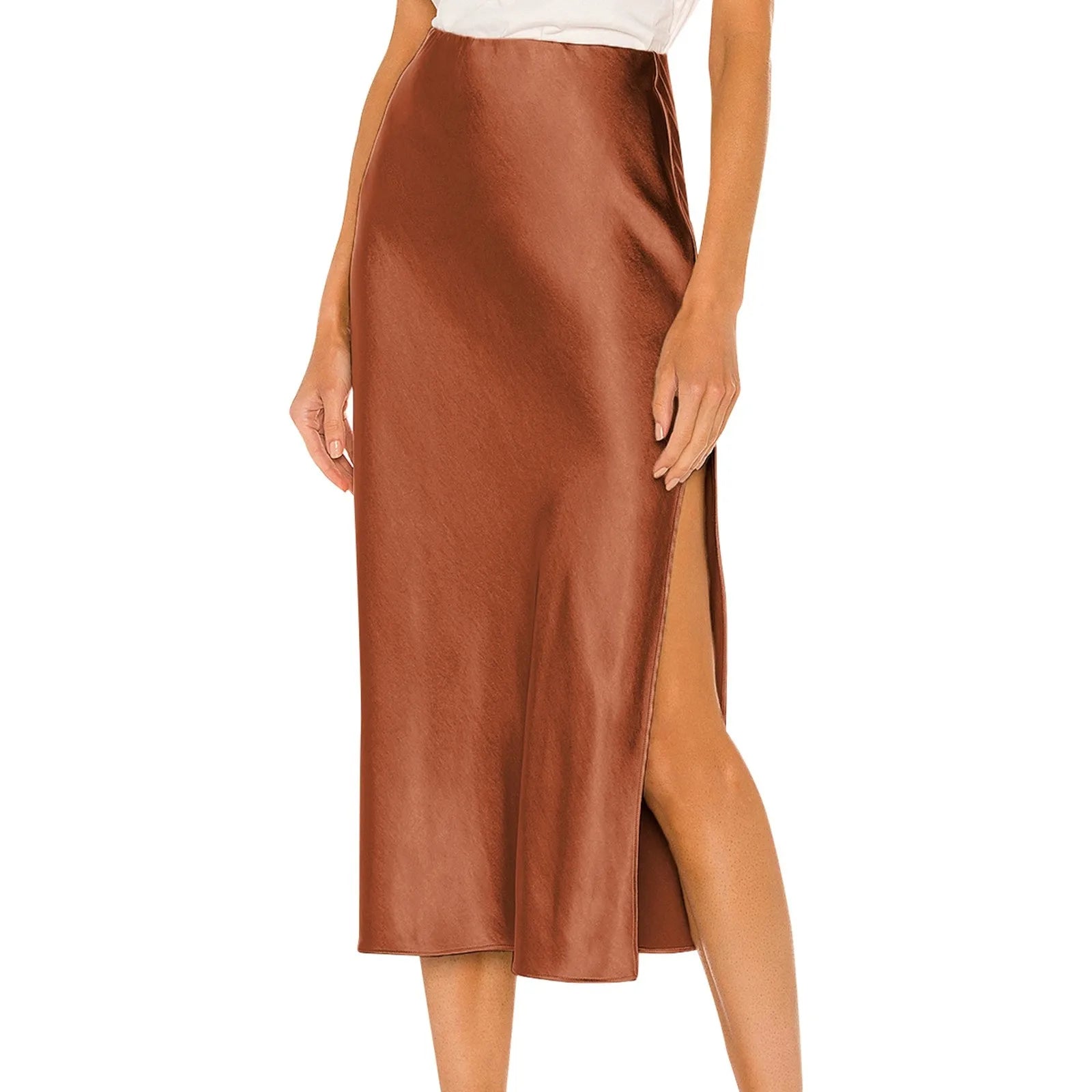 Women's Temperament Satin Half Body Skirt Elastic High Waist Solid Colour Split Mid Length Skirt Elegant Versatile Half Skirt