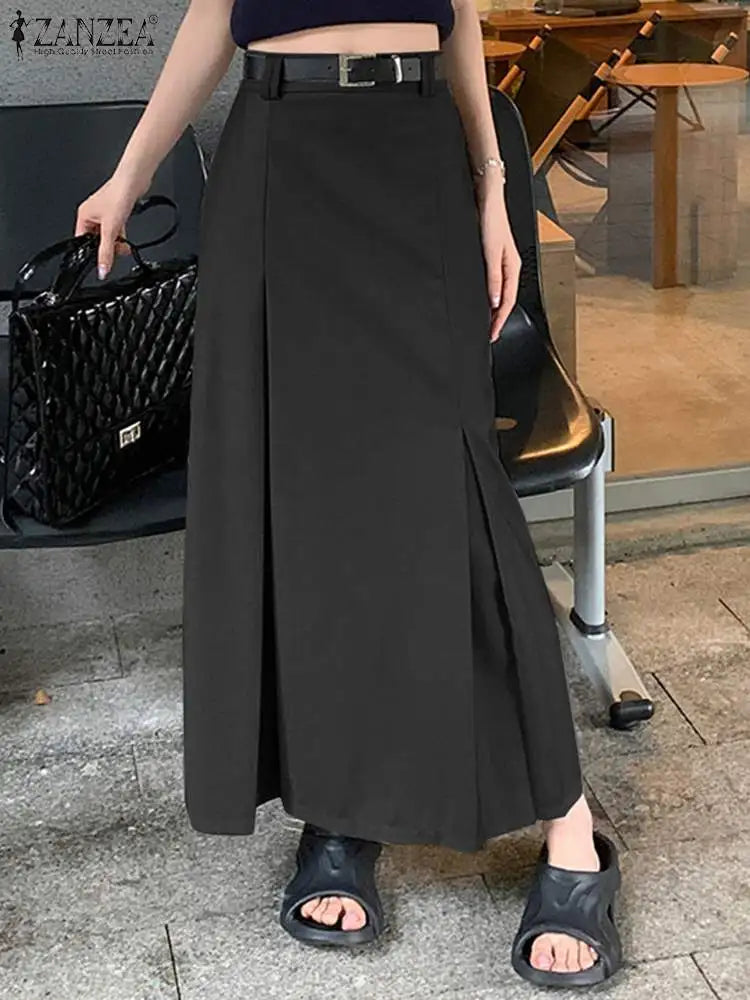 ZANZEA Women Elegant Long Skirt Korean Fashion High Waist Jupes Casual Pleated Maxi Skirts 2023 Autumn Solid Hip Wrap Faldas