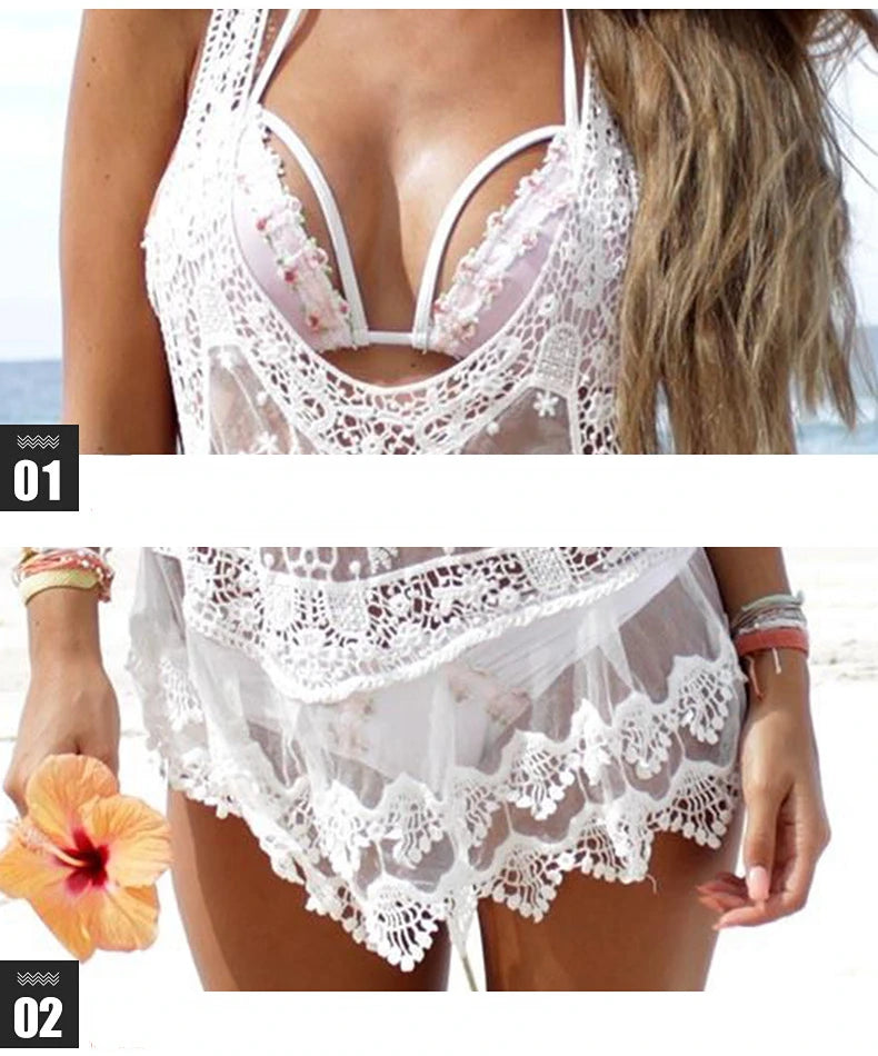 Sexy Swimwear Women White Lace Crochet Beach Dress Bikini Cover-Ups Summer Tunic Bathing Suit Sunshade Beach Dress