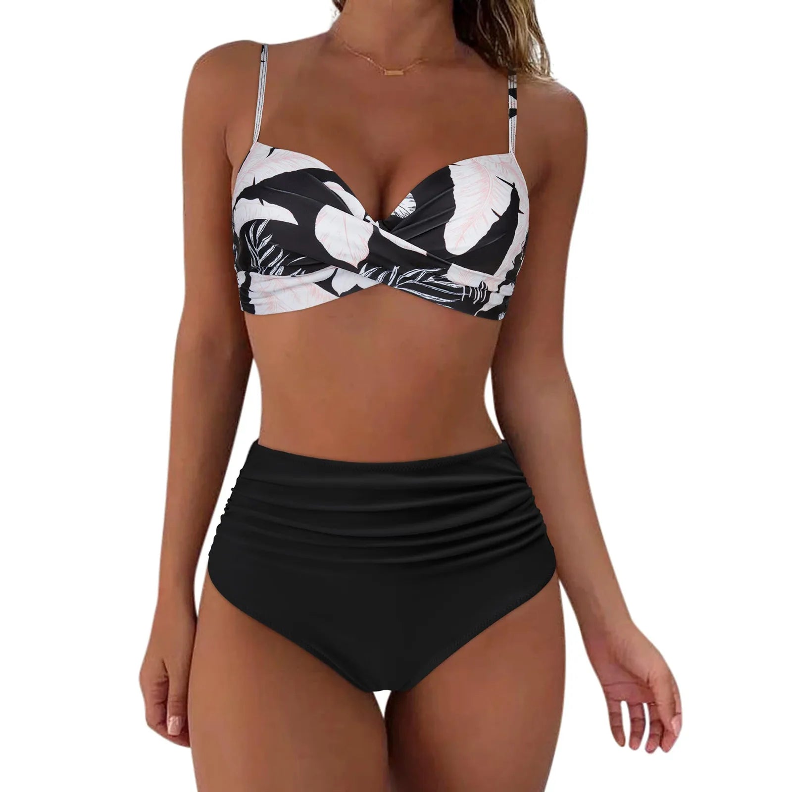 Bikini da donna a vita alta Costume da bagno push up sexy in due pezzi Costume da bagno vintage Bikini in due pezzi con stampa a vita alta retrò con increspature