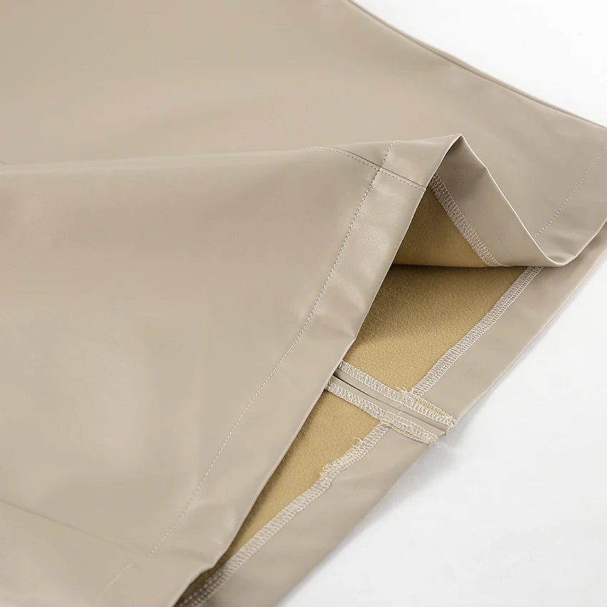 Mnealways18 Elegant Pu Khaki Skirts Womens High Waist Straight Faux Leather Long Skirts Autumn Office Ladies Zipper Skirts 2024