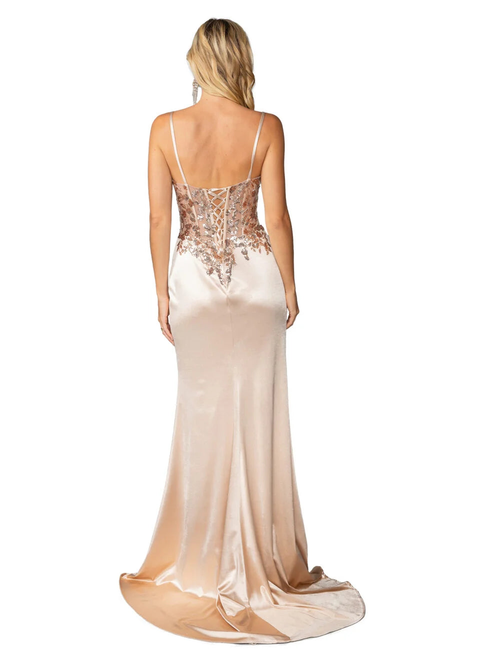 Satin Mermaid Gown with Lace Detail and Crisscross Back Prom Dress