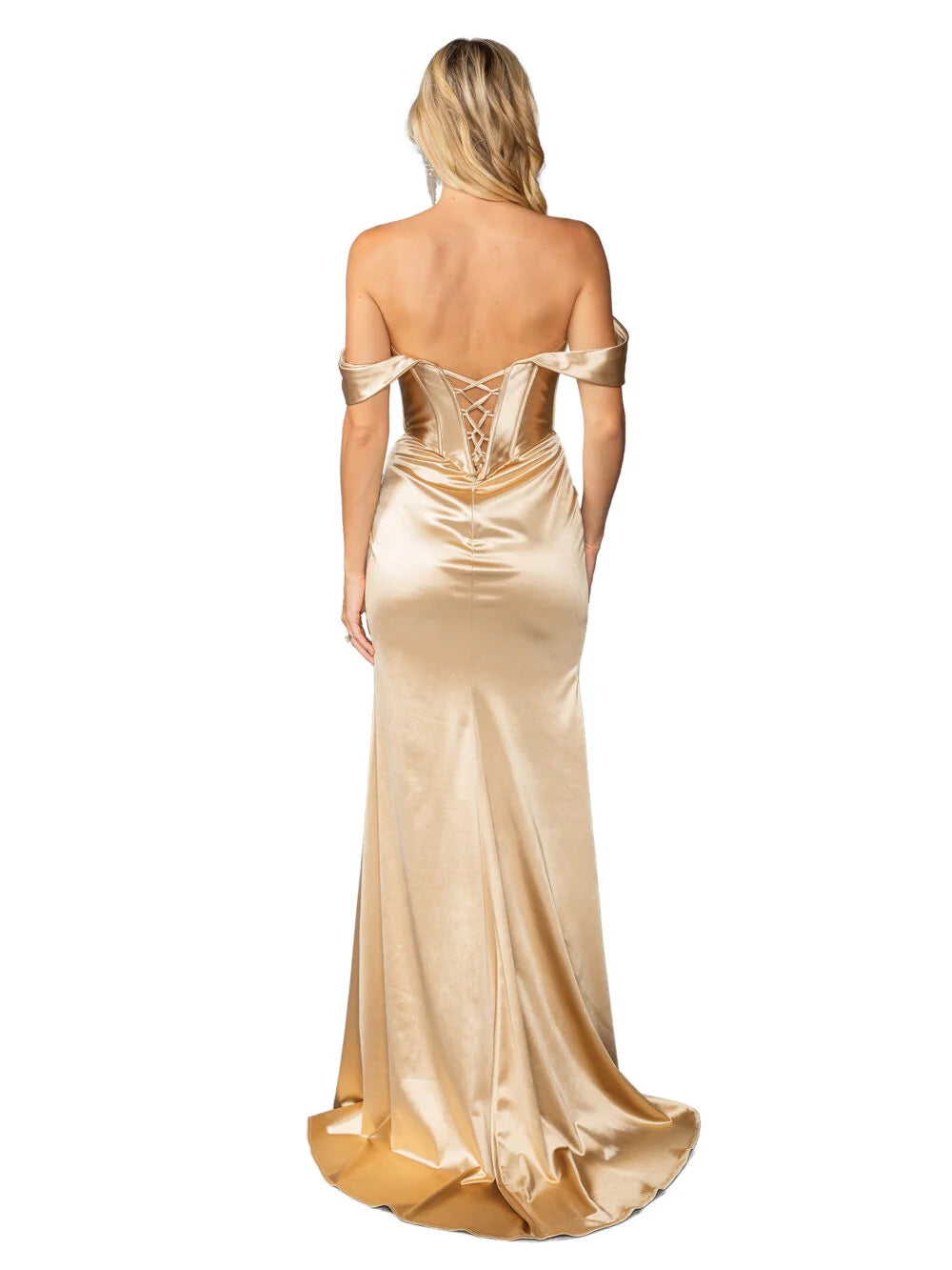 Satin Off-Shoulder Gown with Draped Sleeves and Corset-Style Lace-Up Back Prom Dress