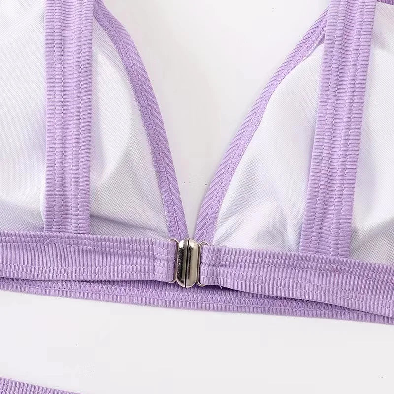 2023 New Sexy V-Neck Ribbed Bikini High Waist Swimsuit Women Solid Push Up Swimwear Female Bathing Suit Bikini Set Beachwear