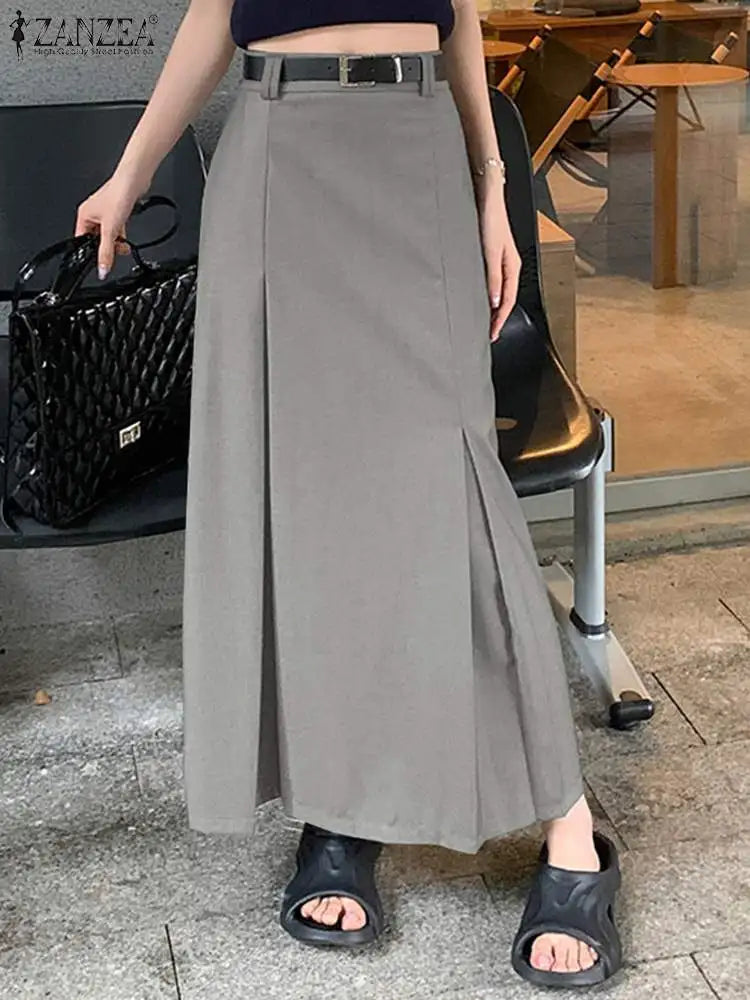ZANZEA Women Elegant Long Skirt Korean Fashion High Waist Jupes Casual Pleated Maxi Skirts 2023 Autumn Solid Hip Wrap Faldas