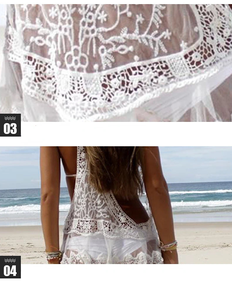 Sexy Swimwear Women White Lace Crochet Beach Dress Bikini Cover-Ups Summer Tunic Bathing Suit Sunshade Beach Dress
