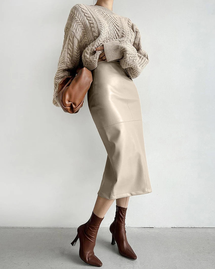 Mnealways18 Elegant Pu Khaki Skirts Womens High Waist Straight Faux Leather Long Skirts Autumn Office Ladies Zipper Skirts 2024