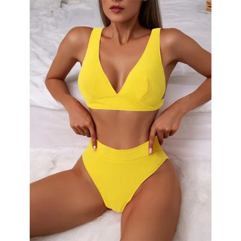 2023 New Sexy V-Neck Ribbed Bikini High Waist Swimsuit Women Solid Push Up Swimwear Female Bathing Suit Bikini Set Beachwear