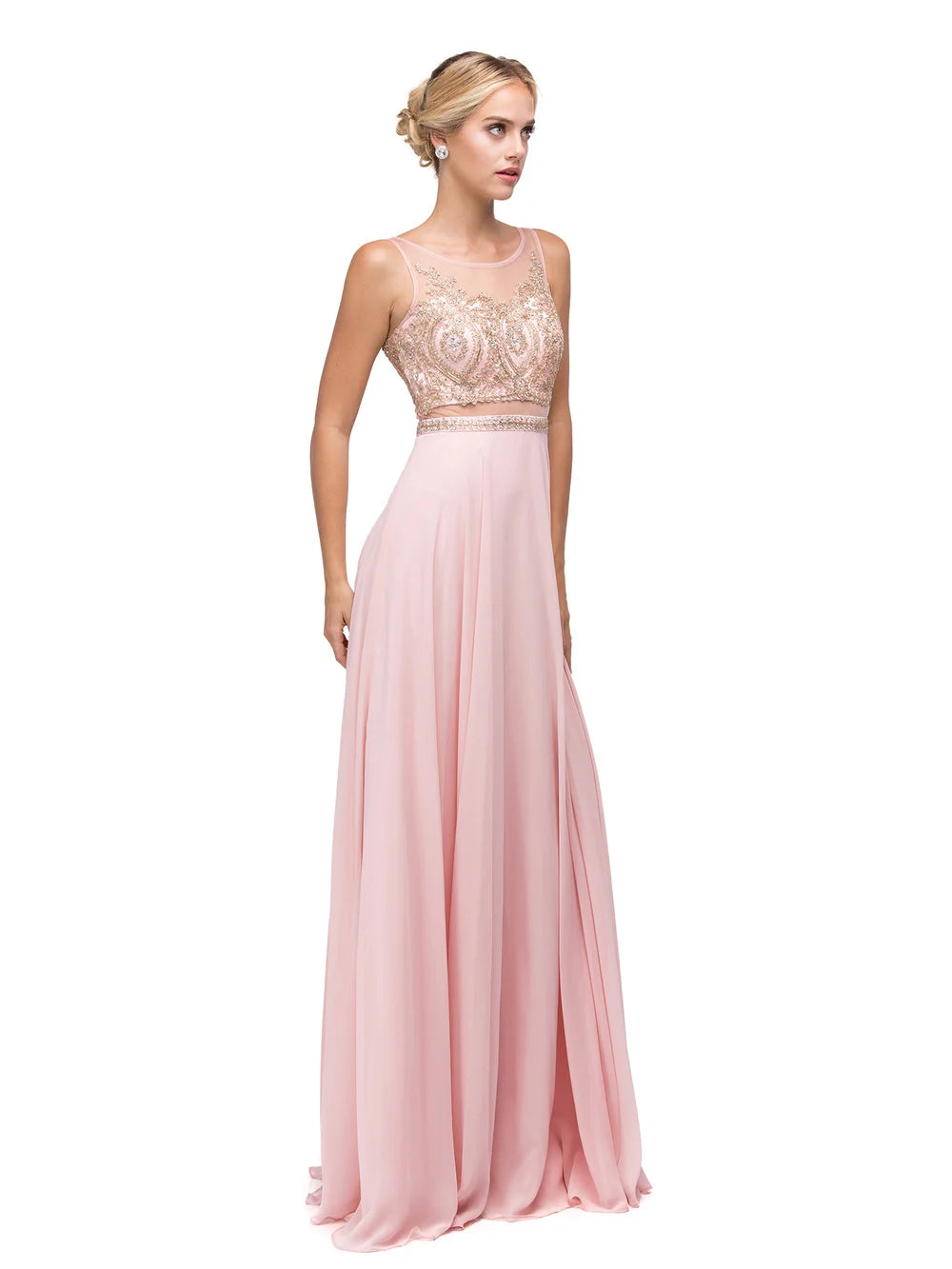 Sequined Bodice Gown with Scoop Neckline and Flowing Chiffon Skirt with Ruffled Hem Prom Dress