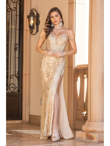 Sequined Gown with Draped Shoulder Straps, High Slit, and Floor-Length Hem Prom Dress