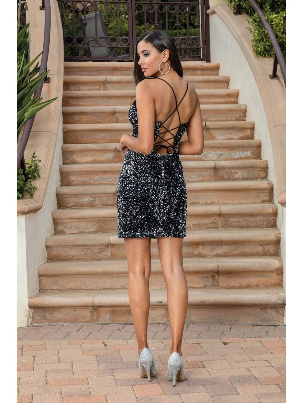 Sequined Mini Dress with V-Neckline and Adjustable Spaghetti Straps Homecoming Dress