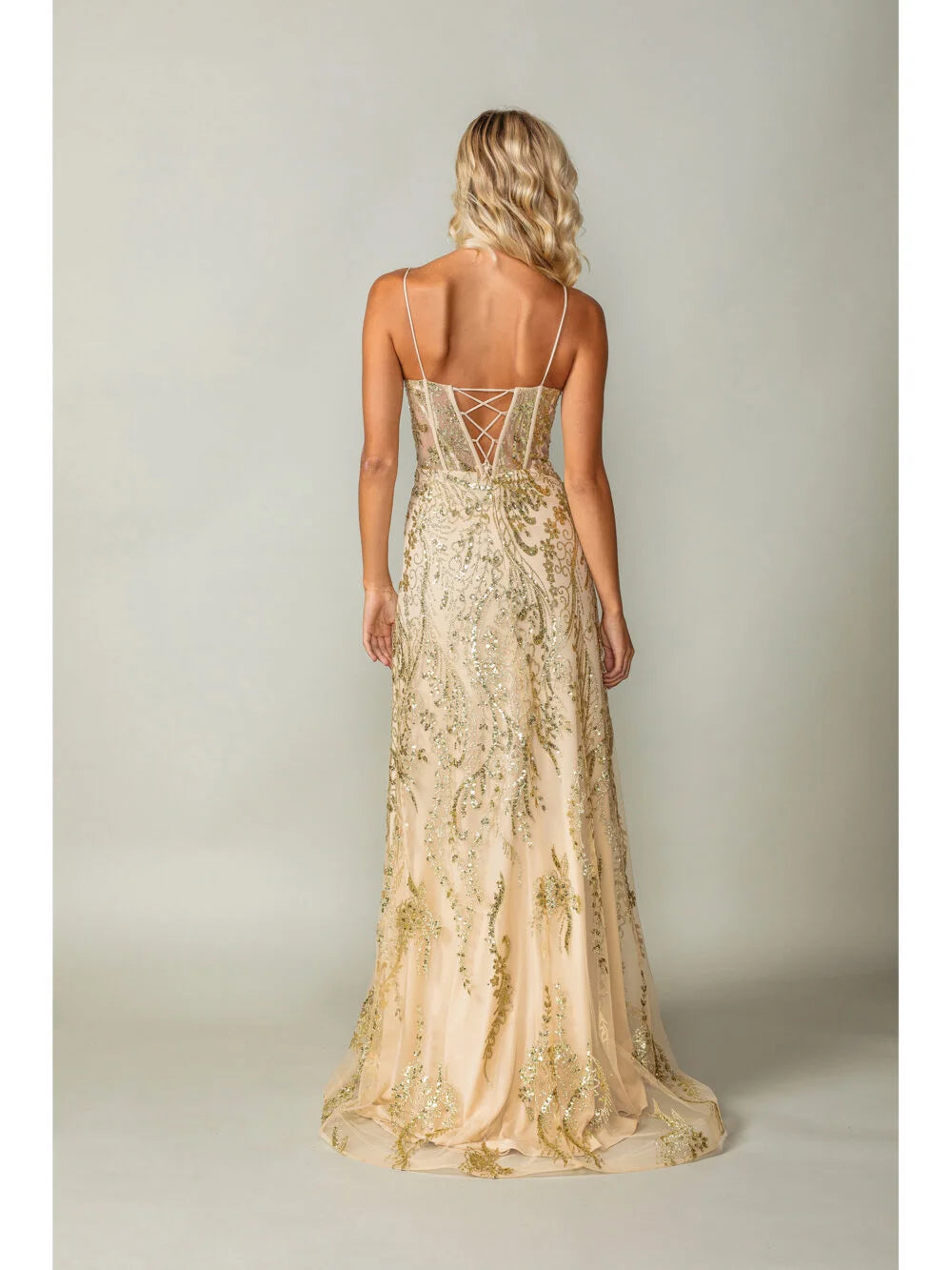 Sequined Sheath Gown with Floral Embroidery and Criss-Cross Back Prom Dress