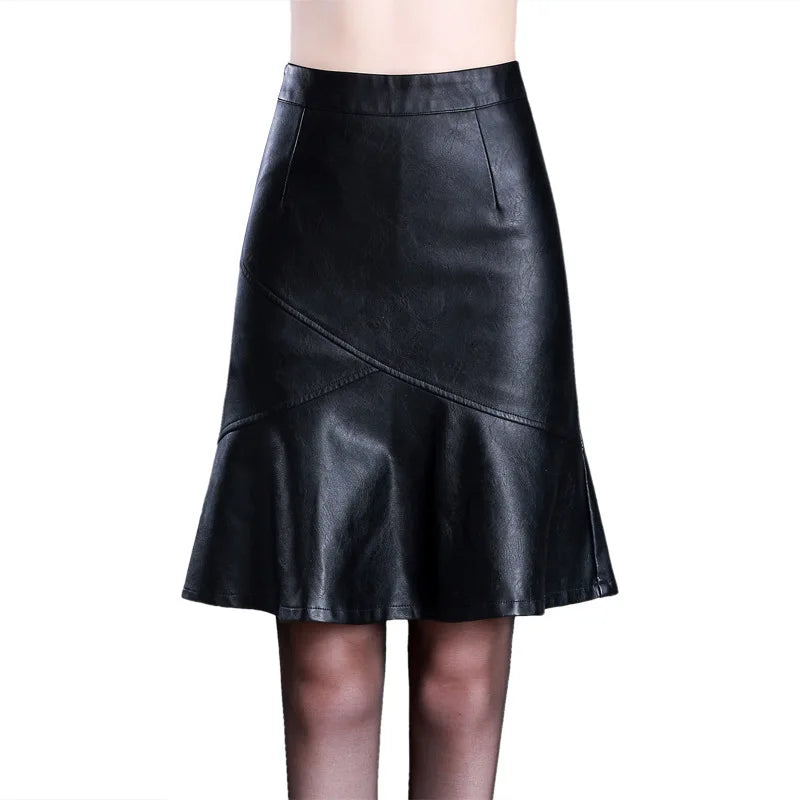Women Black PU Leather Trumpet Skirt Autumn Winter Office Lady Elegant Chic  High Waist Knee Length  Bodycon Skirts