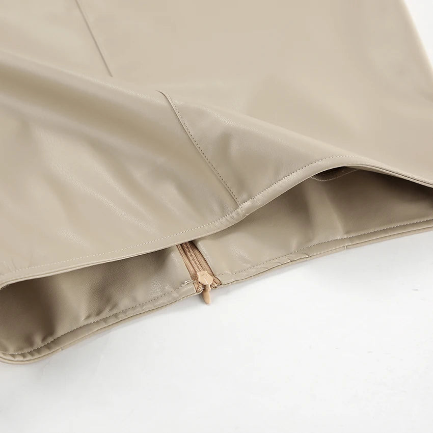 Mnealways18 Elegant Pu Khaki Skirts Womens High Waist Straight Faux Leather Long Skirts Autumn Office Ladies Zipper Skirts 2024