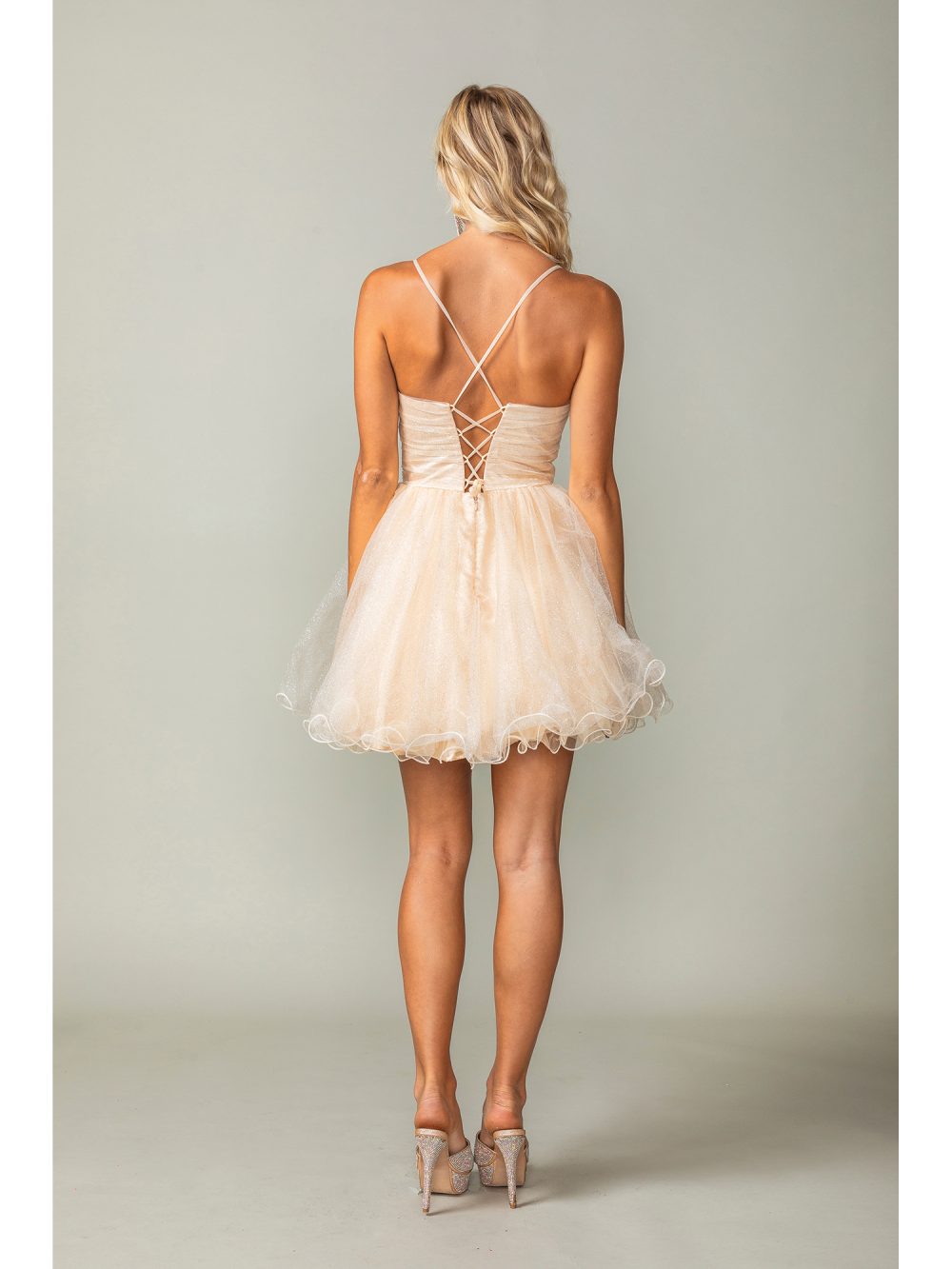 Short Glitter Tulle Dress with Spaghetti Straps and Crisscross Lace-up Back Homecoming Dress