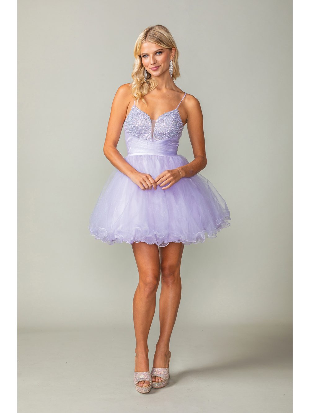 Short Glitter Tulle Dress with Spaghetti Straps and Crisscross Lace-up Back Homecoming Dress