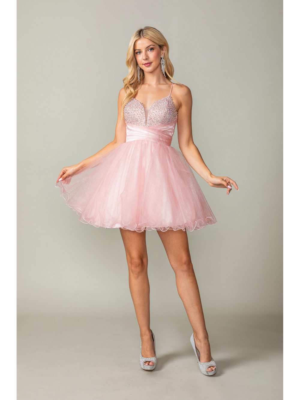 Short Glitter Tulle Dress with Spaghetti Straps and Crisscross Lace-up Back Homecoming Dress