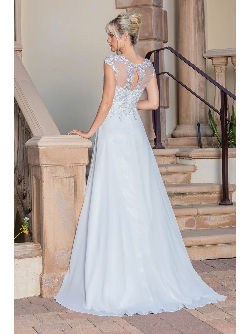 Sleek A-Line Gown with Illusion Lace Neckline and Button-Detailed Back Wedding Dress