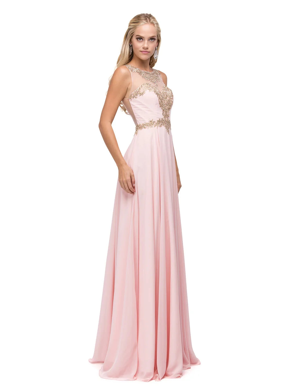 Sleeveless A-line Gown with Embellished Lace Bodice and Chiffon Skirt Prom Dress