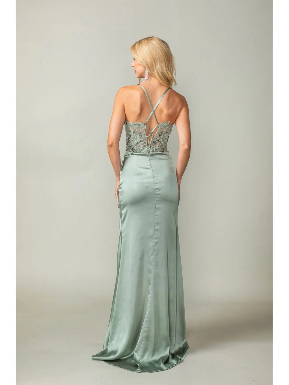 Stylish Cowl Neck Beaded Lace Bodice Prom Dress with Spaghetti Straps and High Slit Prom Dress