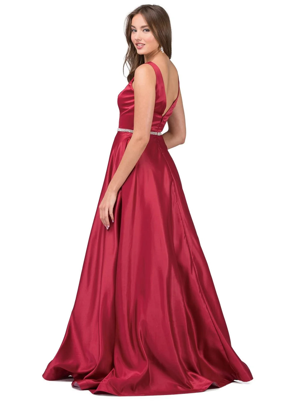 V-Neck Sleeveless Gown with Beaded Belt and Full Skirt Prom Dress