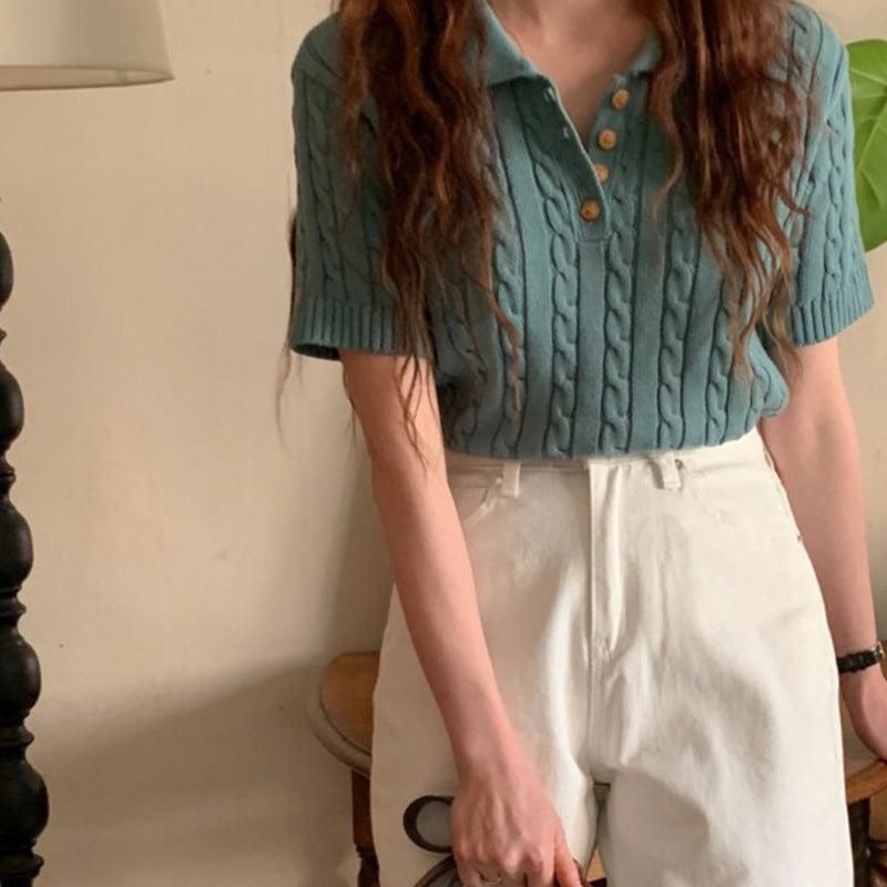 Niche Temperament Polo Collar Hemp Pattern Design Loose Leisure All-matching Short Sleeve