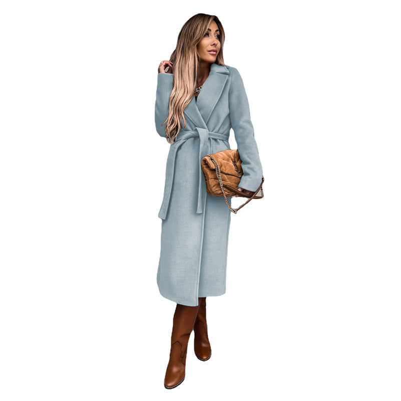Autumn And Winter Women's Clothing Solid Color Polo Collar Long-sleeved Woolen Coat
