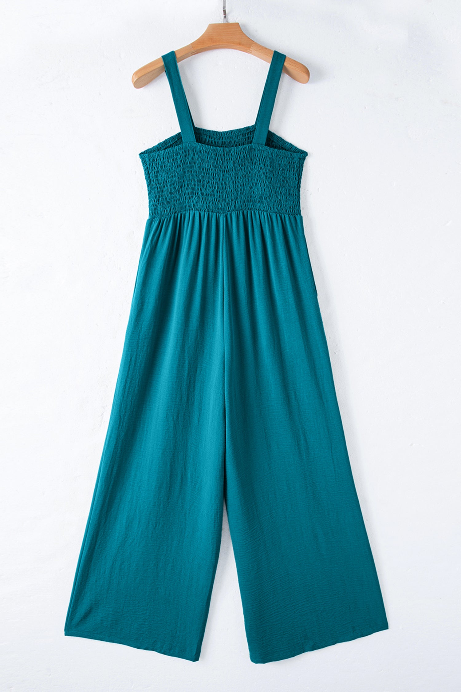 Rose Red Smocked Square Neck Sleeveless Jumpsuit with Pockets