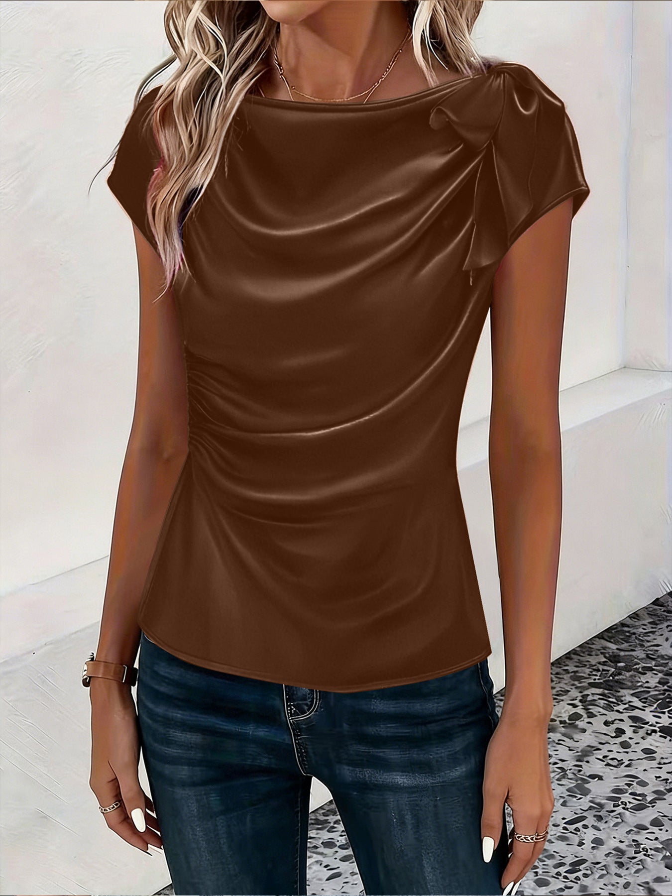 Solid-color Satin Faux-silk Off-the-shoulder Sleeveless Work Top