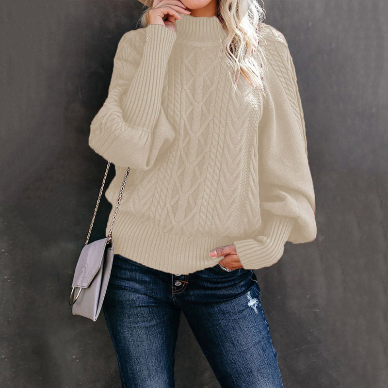Women's Loose-fitting Long-sleeved Knit Sweater With Mid-neck - Solid Color