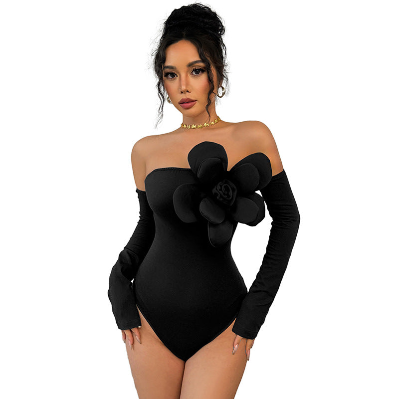 Sexy Style Three-dimensional Flower Decoration Slim-fit Off-shoulder Solid Color Jumpsuit