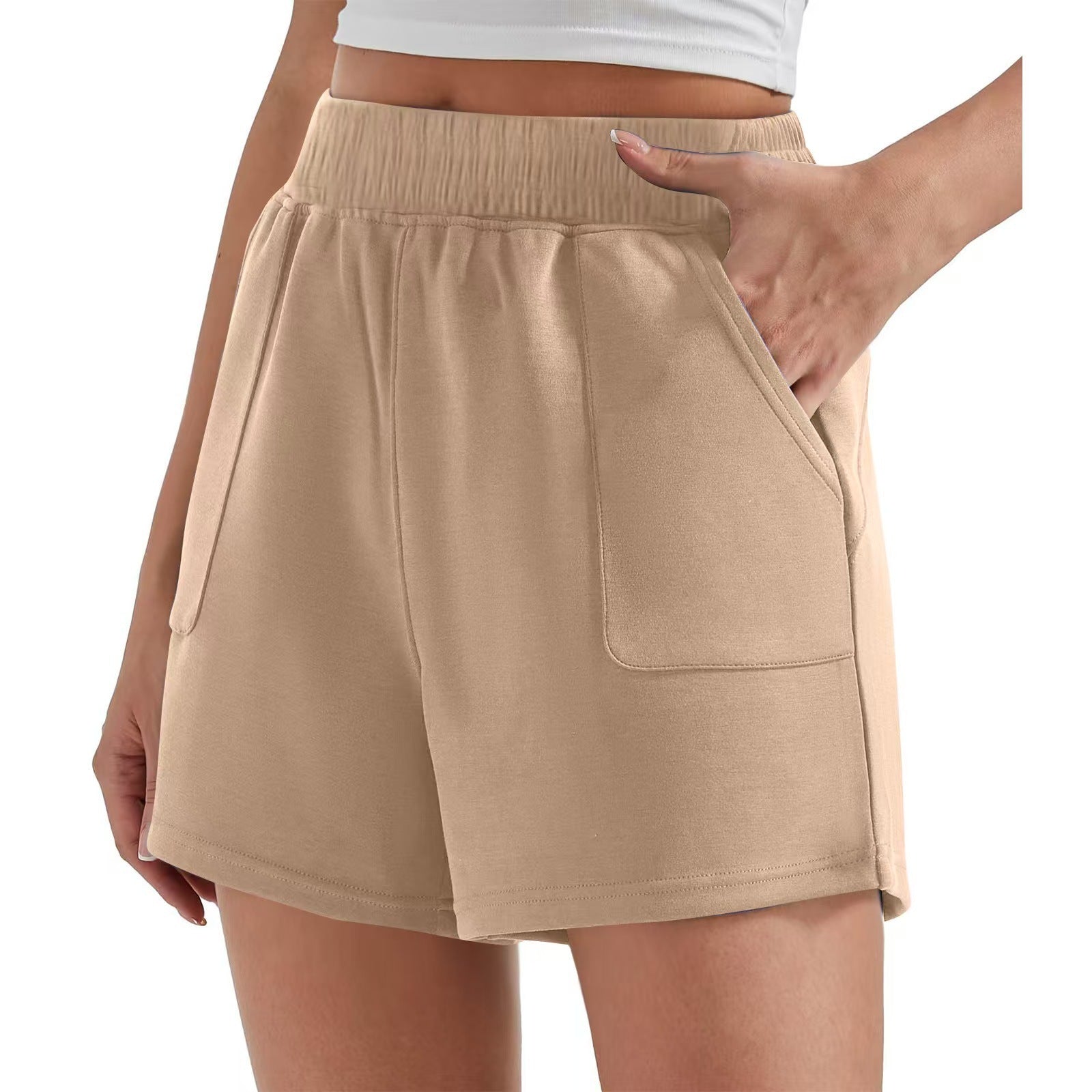 Cream Loose Waist Solid Color Sports Shorts