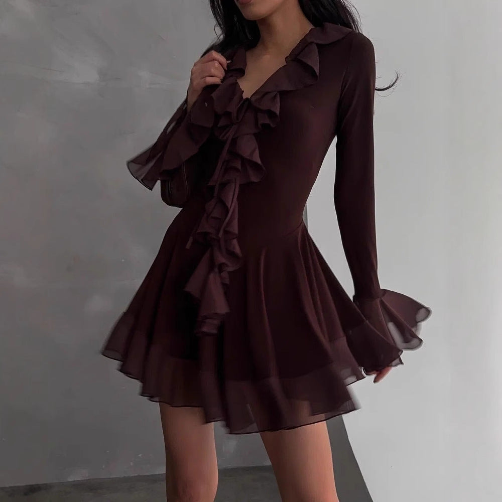 Elegant Solid-Color Short Dress With A Deep V-Neck Ruffled Hem And Patchwork Design
