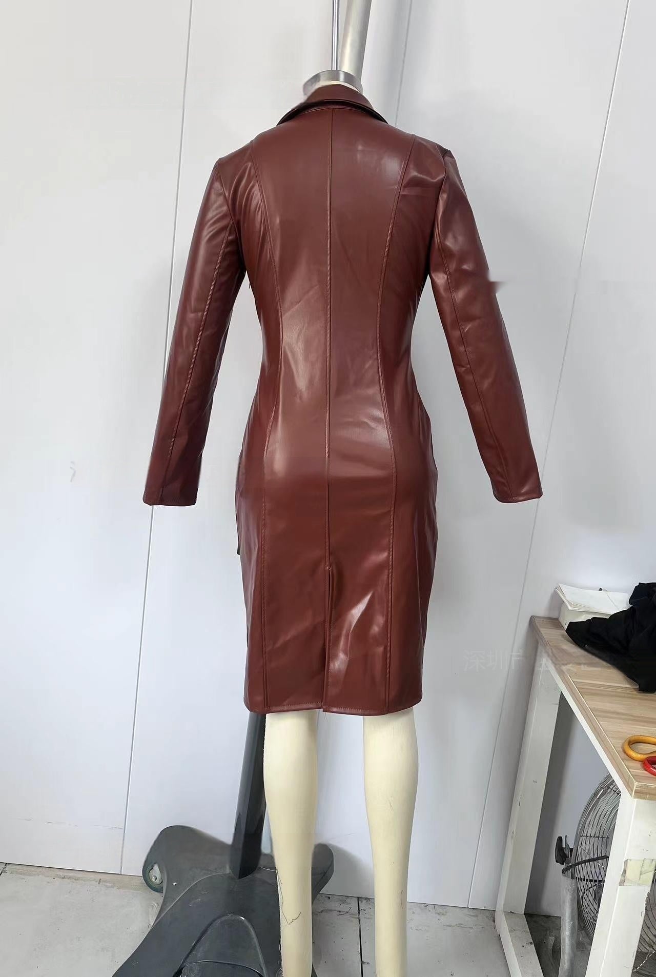 Stylish New Suit-button Long-sleeve Chic Coat PU Leather Dress For Women
