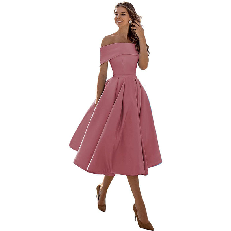 Women's Fashion Casual Strapless Satin Party Dress Off The Shoulder Tea Length Satin Prom Dresses With Pockts Formal Evening Party Dress