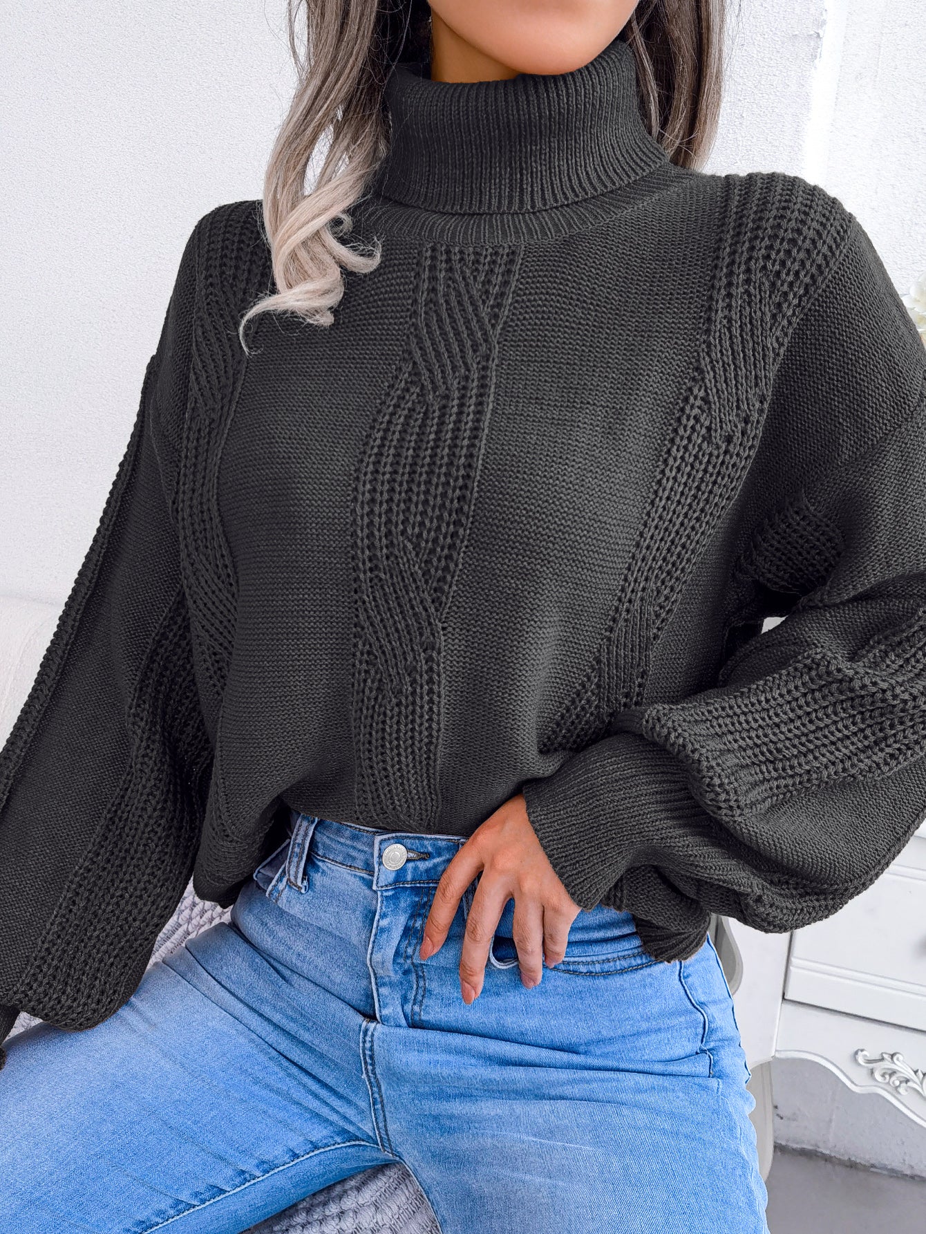 Women Turtleneck Cable Knit Lantern Sleeve Sweater Top