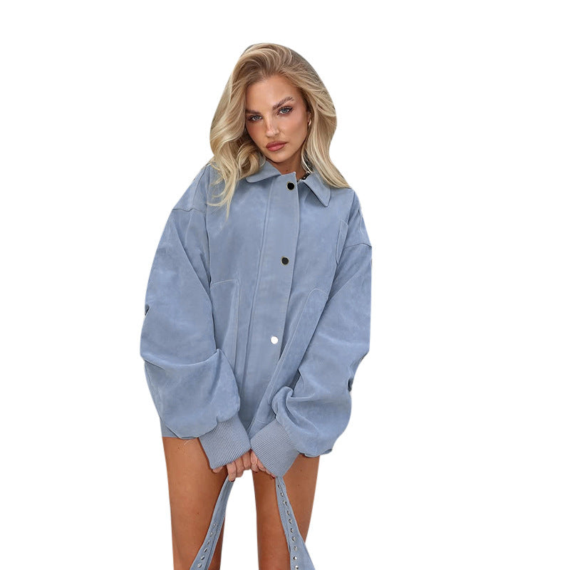 Casual Solid Color Loose Long Sleeves Autumn And Winter Polo Collar Jacket