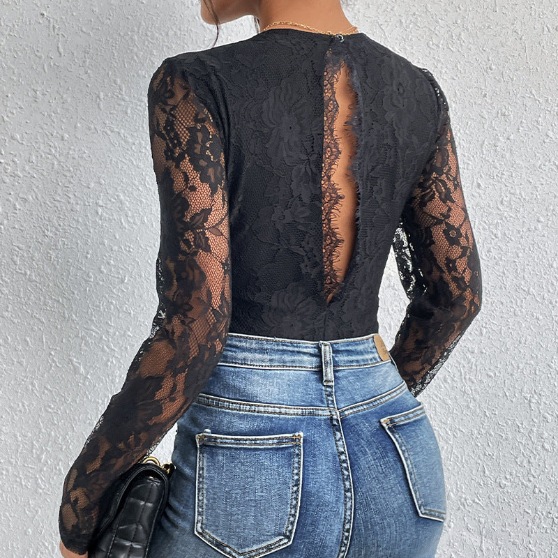 Lace Stitching Long-sleeved Jumpsuit Slim Fit Lace V-neck Hollowed-out Jumpsuit