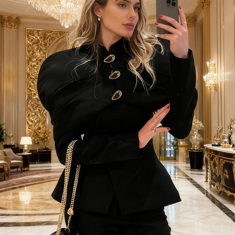 Retro Black Color Pleats Button Slim Top