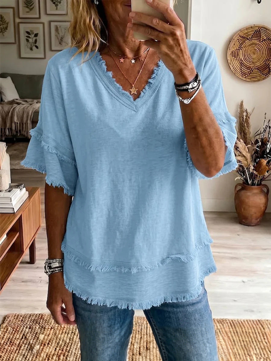 Women's V-Neck Pullover Short-Sleeve Loose Shirt