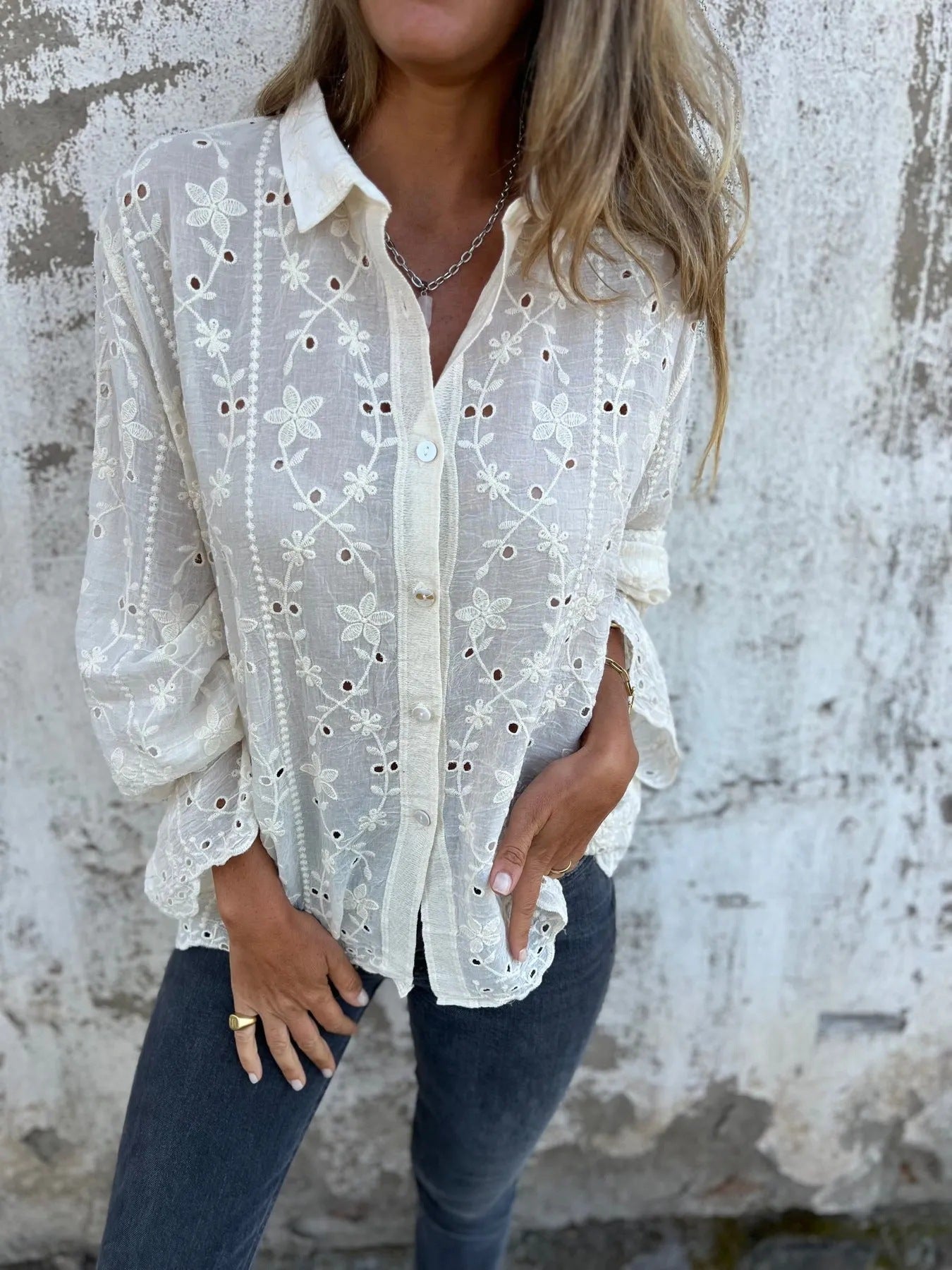 Sweet And Elegant Embroidered Hollow-Out Cotton-Linen Shirt Casual Top