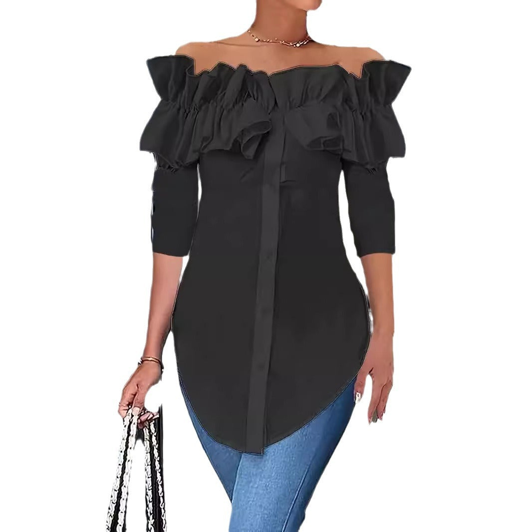 Simple Solid-Color Off-the-Shoulder Ruffle-Trim Shirt Top