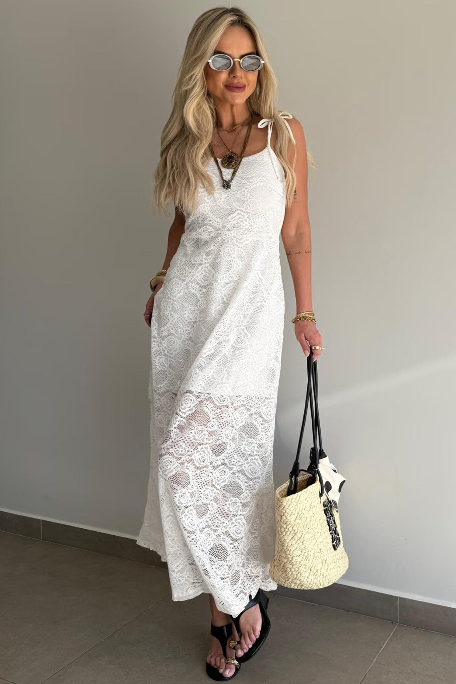 White Tie Spaghetti Straps Floral Lace Overlay Long Dress