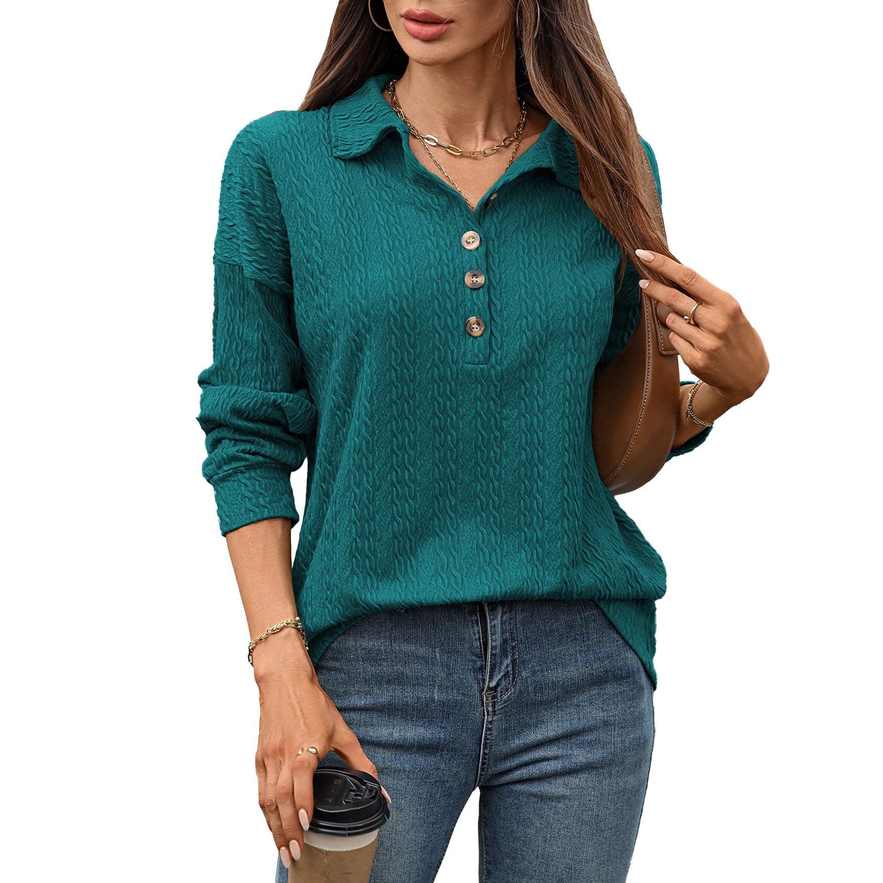 Solid Color Polo Collar Button Loose Long Sleeve Sweatershirt