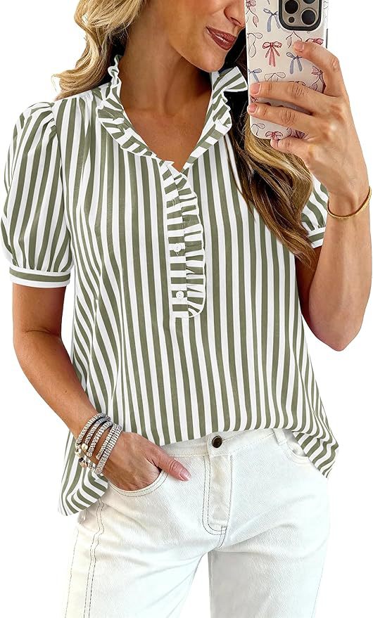 Puff-sleeve Striped Plaid Ruffled V-neck Button-up Top