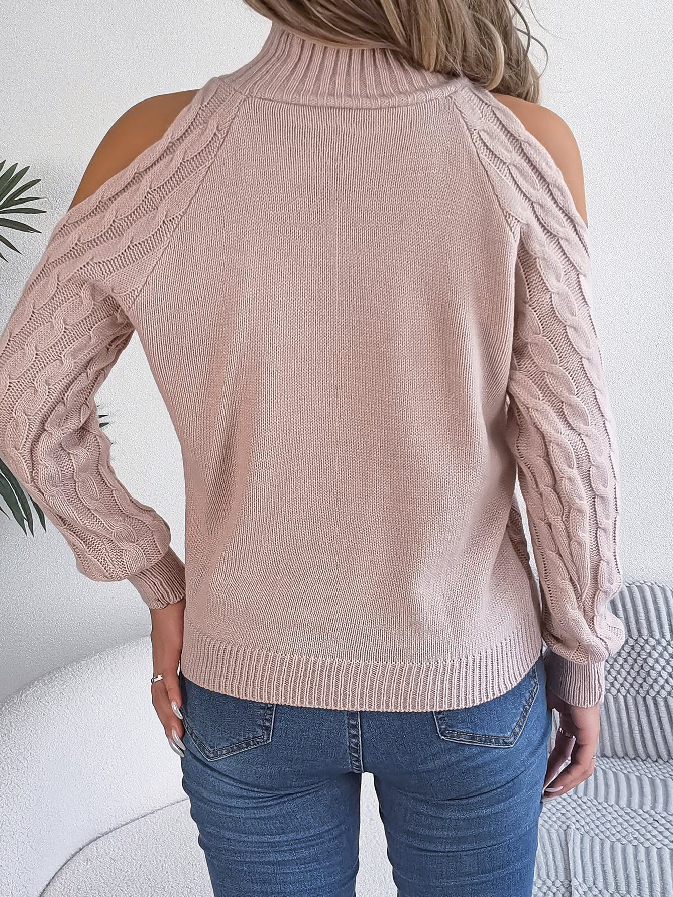 Casual Cable Knit Off-Shoulder Half Turtleneck Long Sleeve Pullover Sweater
