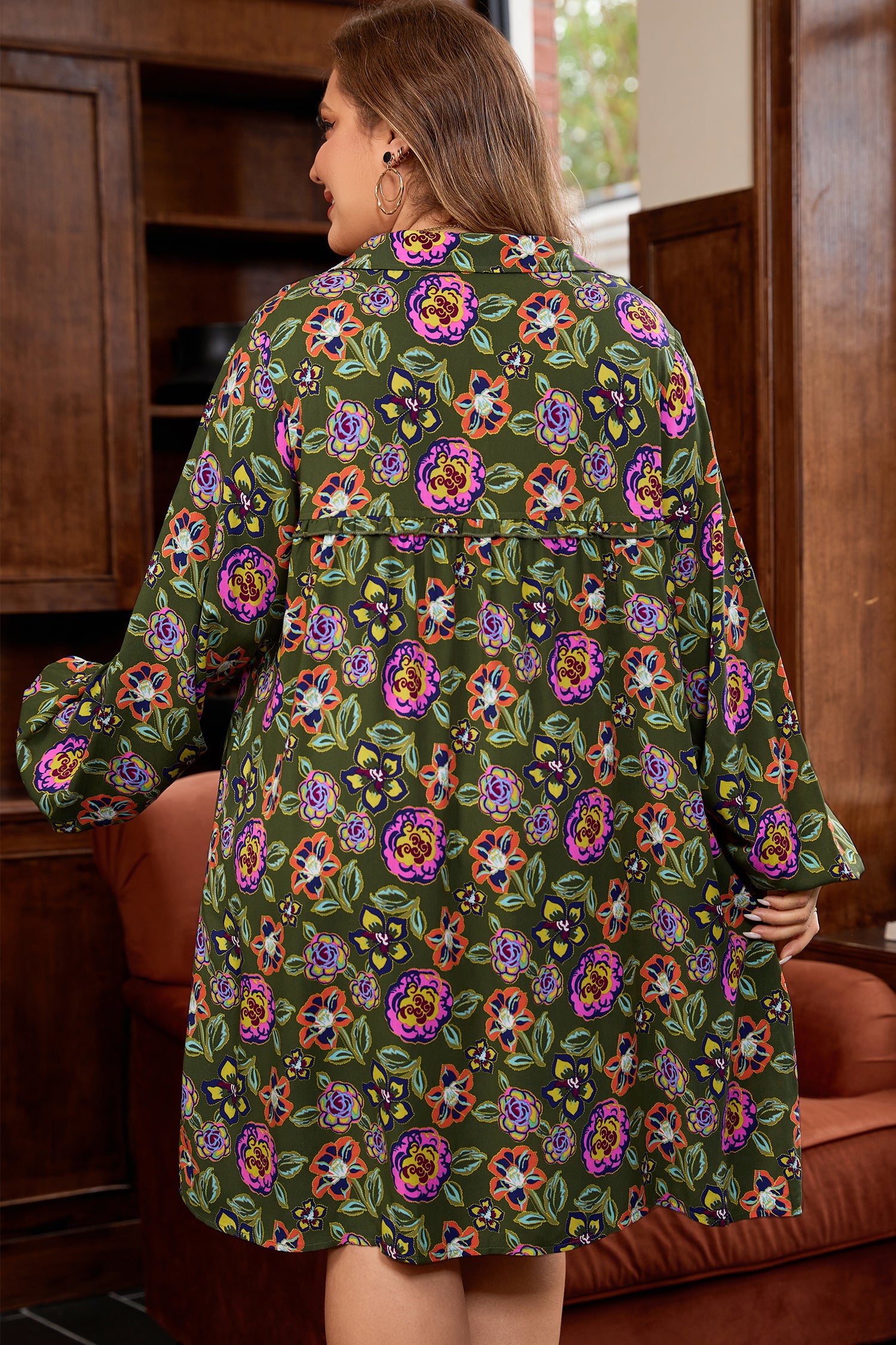 Green Plus Size Floral Print Collared V Neck Loose Mini Dress