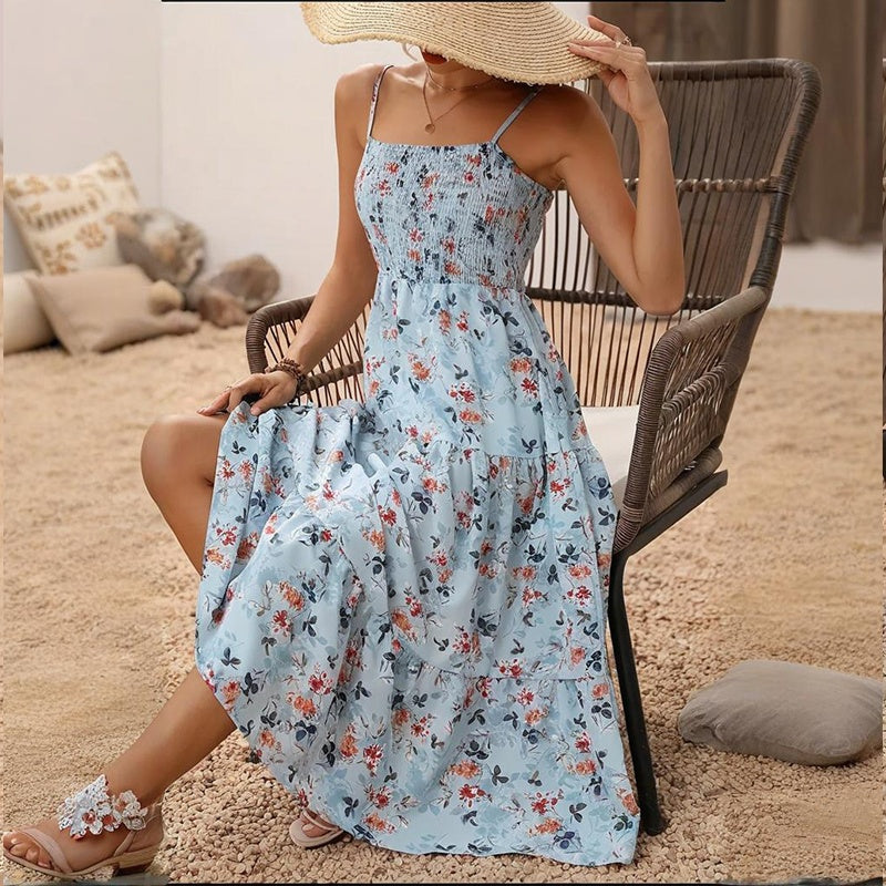 Womens Summer Floral Midi Dress Smocked Spaghetti Strap Sleeveless Tiered Casual Flowy Dresses