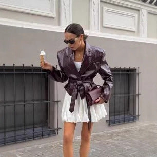 Lychee Pattern Leather Coat Slim Fit Fitted Waist Turn-down Collar Tie-front Top